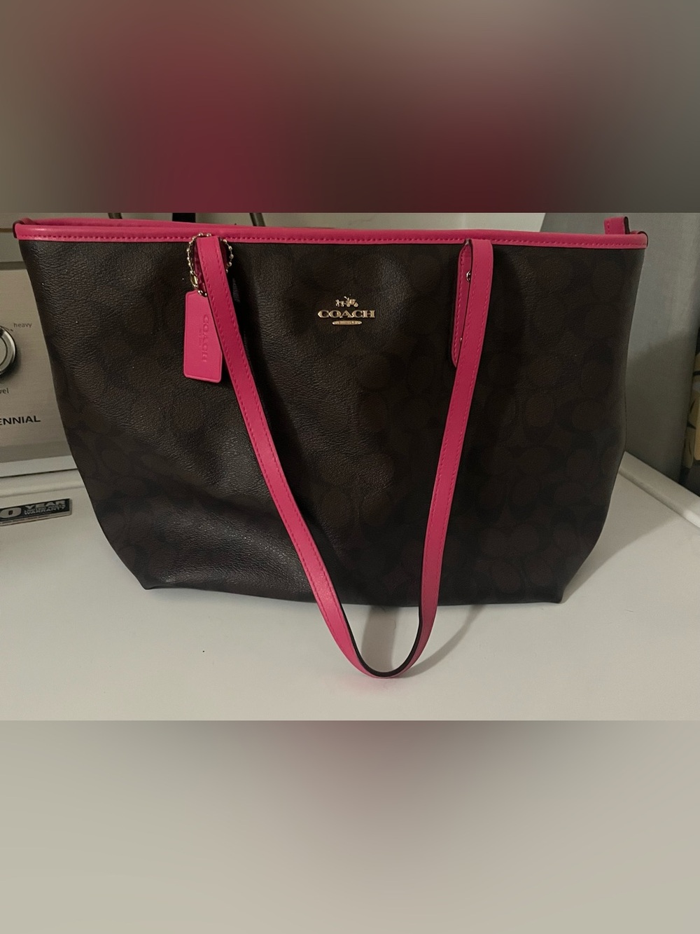 AUTH COACH- Brown Signature Medium Tote with Pink Trim